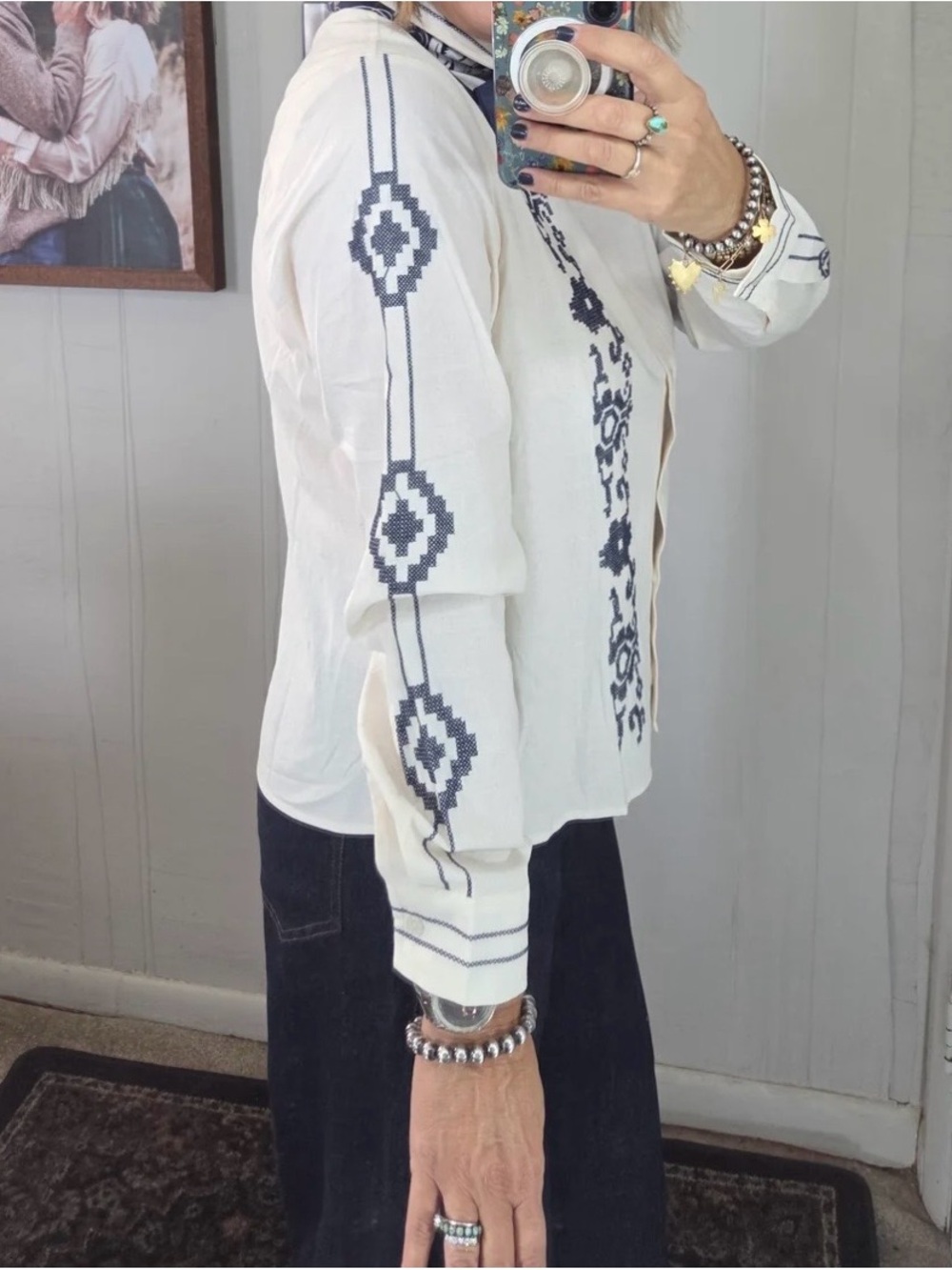 Women’s Cream Button-Down Shirt with Navy Embroidery